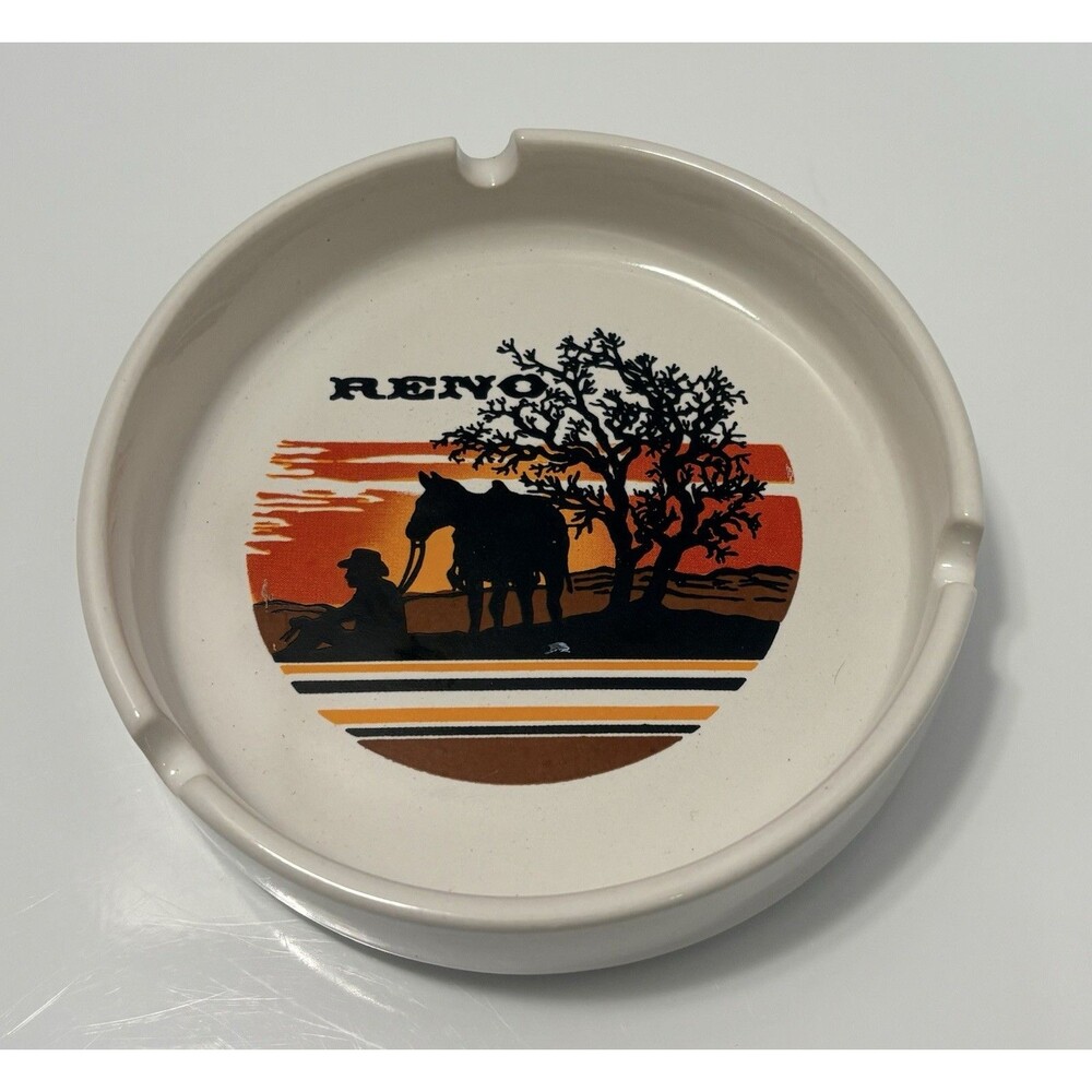 VTG Reno Nevada Ashtray Cowboy And Horse Sunset Silhouette Image Souvenir